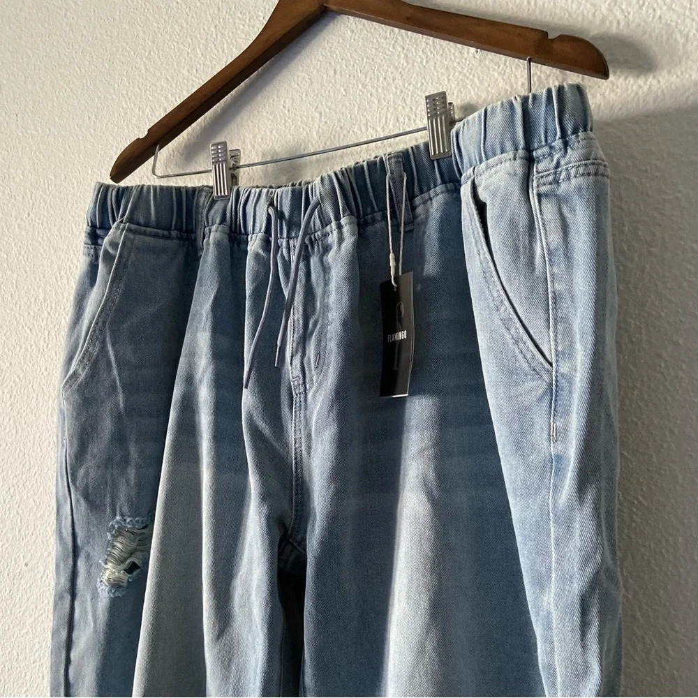 Drawstring High Waist Distress Jeans Fade Pants Pull On 2XL (14/16) Trendy NWT - Picture 4 of 14
